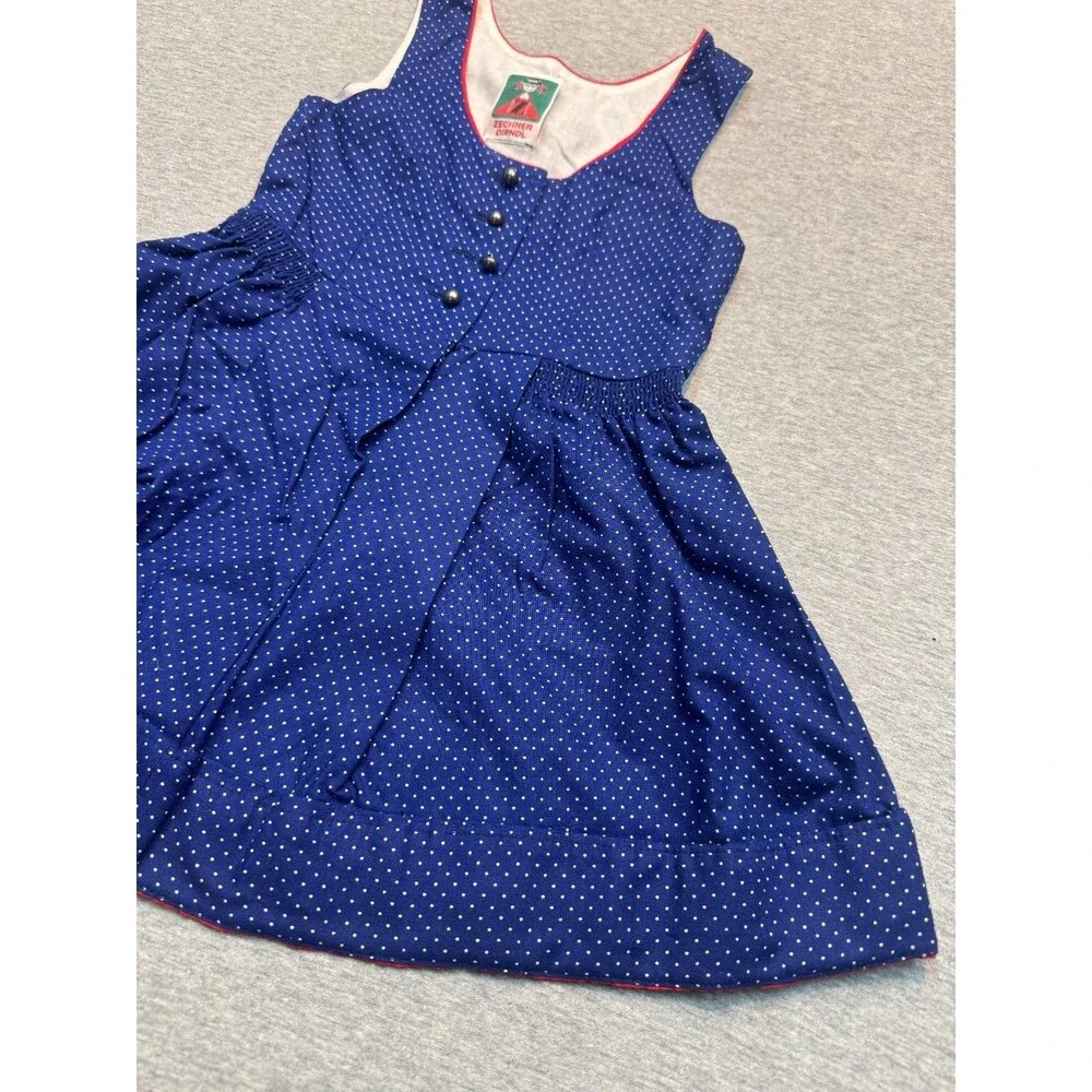 Vintage 1980s Zechner Dirndl Girls Dress Blue Polka Dot German Austrian 20